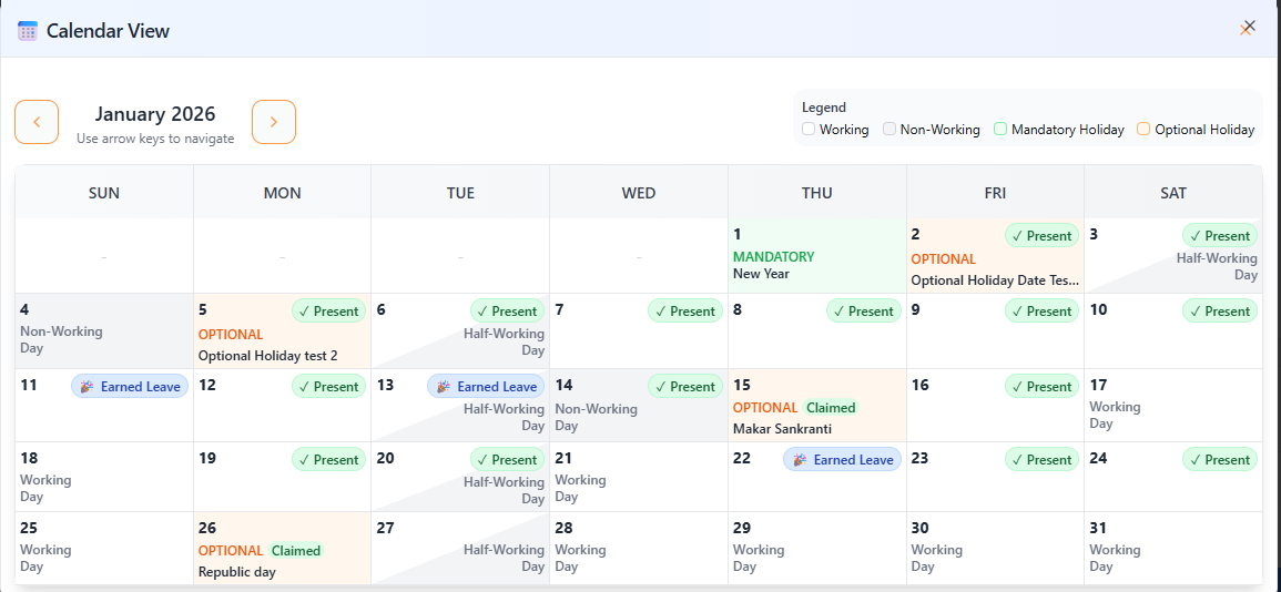Employee attendance calendar in EZII Attendance